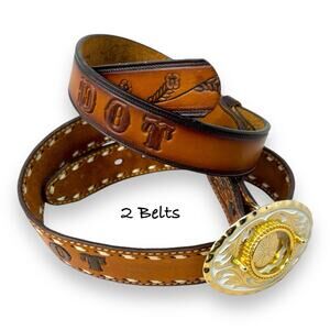 2 Tooled Leather Western Belts “DOT” Size 26 Brown 3-Tone Floral Buckle